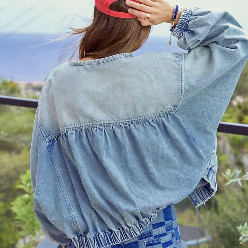Women's Spring & Autumn Floral Denim Jacket  Casual Loose Short Coat with Pockets