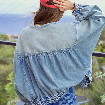 Women's Spring & Autumn Floral Denim Jacket  Casual Loose Short Coat with Pockets