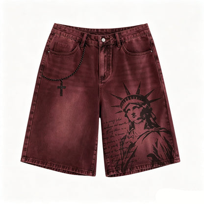 American Style Statue of Liberty Print Summer Retro Denim Jeans Shorts