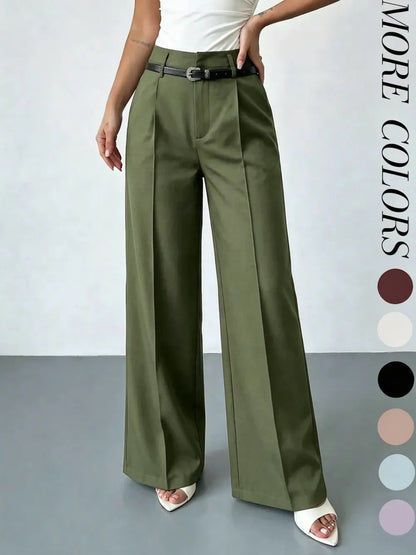 Women's Elastic Waist Solid Color Zipper Button Pocket Wide Leg Trouser Pants