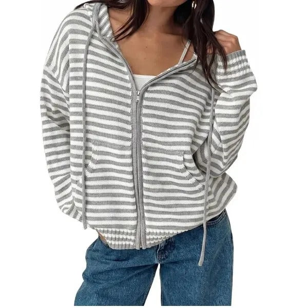 🔥Womens Striped Zip Up Hoodie Long Sleeve Cardigan Sweatshirts Oversized Crop Sweaters Jackets Y2K Fall Outfits🔥