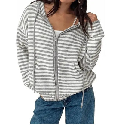 🔥Womens Striped Zip Up Hoodie Long Sleeve Cardigan Sweatshirts Oversized Crop Sweaters Jackets Y2K Fall Outfits🔥
