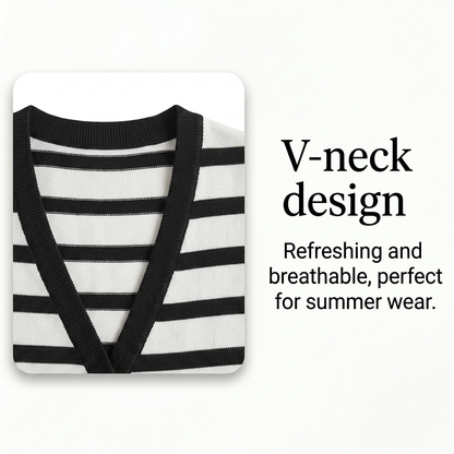 📢Last Call – Don't Miss Out ! Women's Striped Print Button Front V Neck Crop Sweater Vest Casual Sleeveless Knit Top