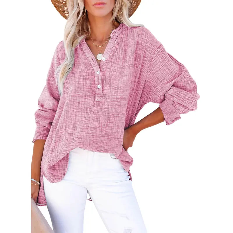 🔔Last Few Hours – Act Fast ! Womens Casual Button V Neck Long Sleeve Shirts Oversized Solid Blouses Tops