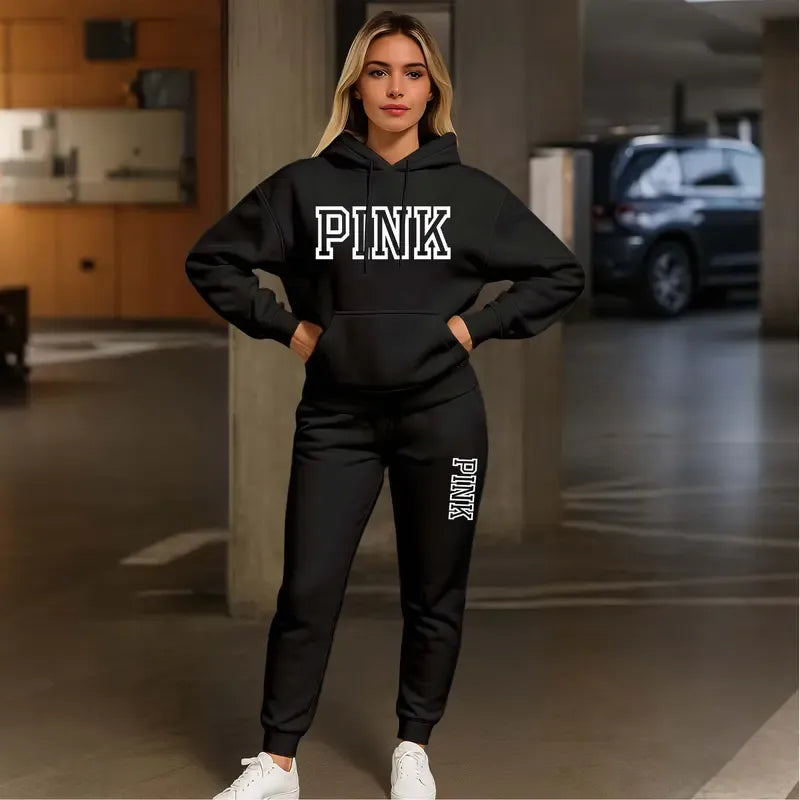 Women's Printed Hooded Sweatshirt And Drawstring Sweatpants Set
