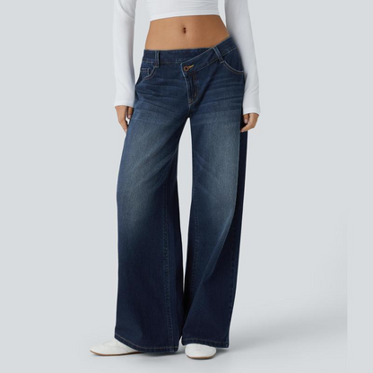 💝 Last Day Deal⏰ Flex Low-Rise Asymmetric Baggy Wide-Leg Washed Jeans with Zipper Pockets