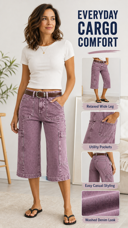 🔥Flash Sale⚡Stitch Detail Side Pocket Mid Waist Straight Leg Capri Pants