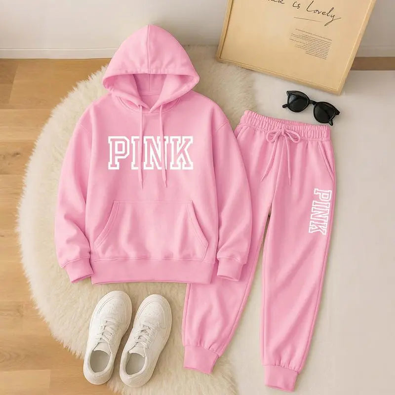 Women's Printed Hooded Sweatshirt And Drawstring Sweatpants Set