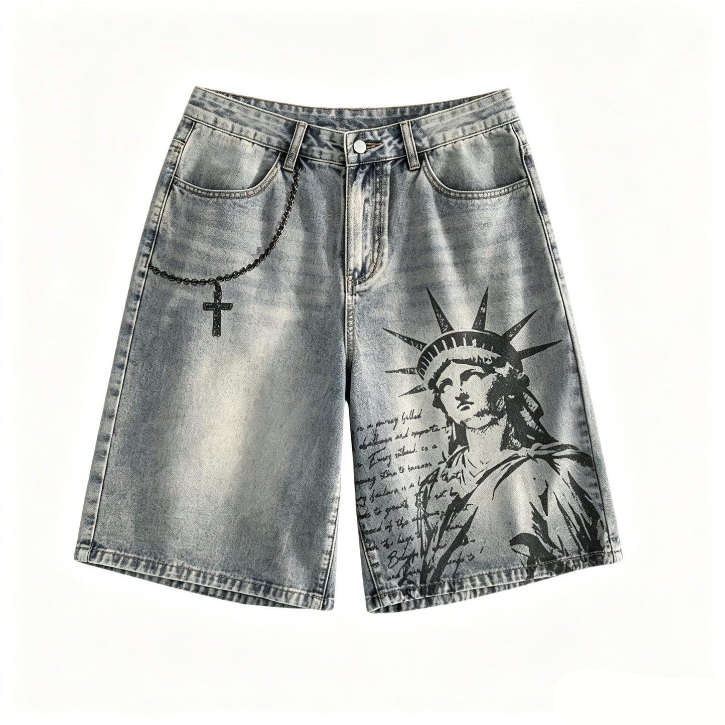 American Style Statue of Liberty Print Summer Retro Denim Jeans Shorts