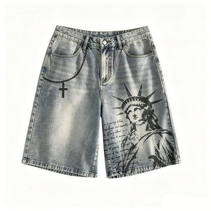 American Style Statue of Liberty Print Summer Retro Denim Jeans Shorts