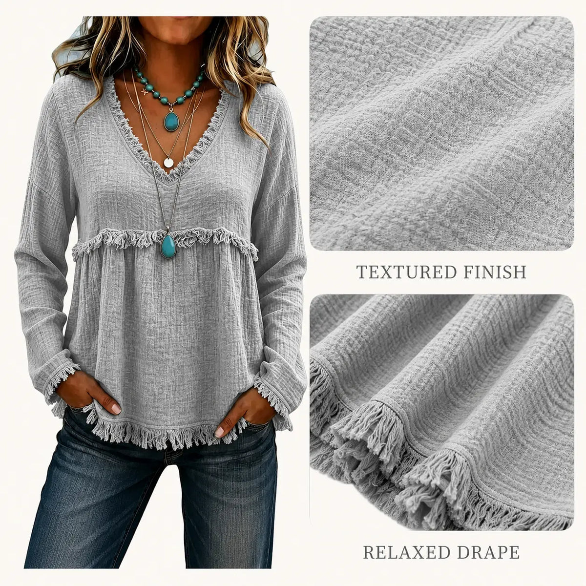 Women’s Boho V Neck Long Sleeve Fringe Top Plus Size