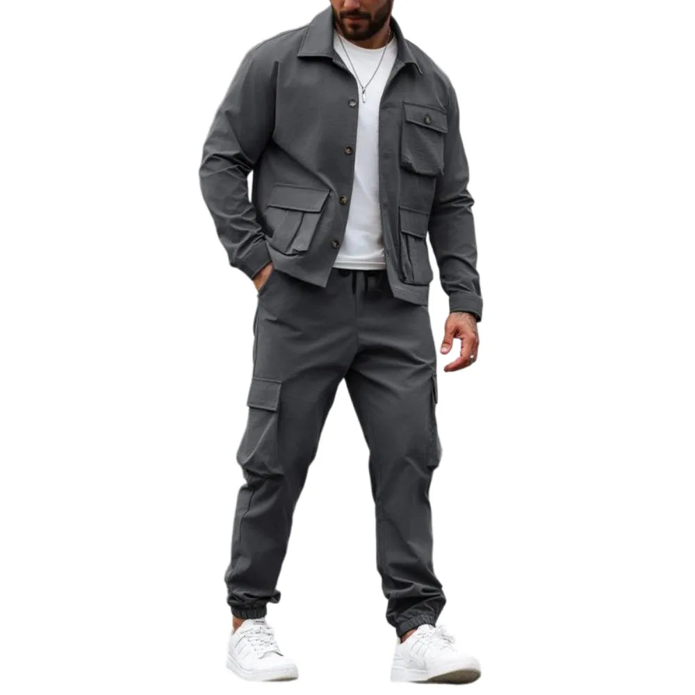 Men's Solid Color Pocket Button Front Shirt & Pants Two-Piece Set