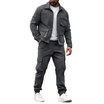 Men's Solid Color Pocket Button Front Shirt & Pants Two-Piece Set