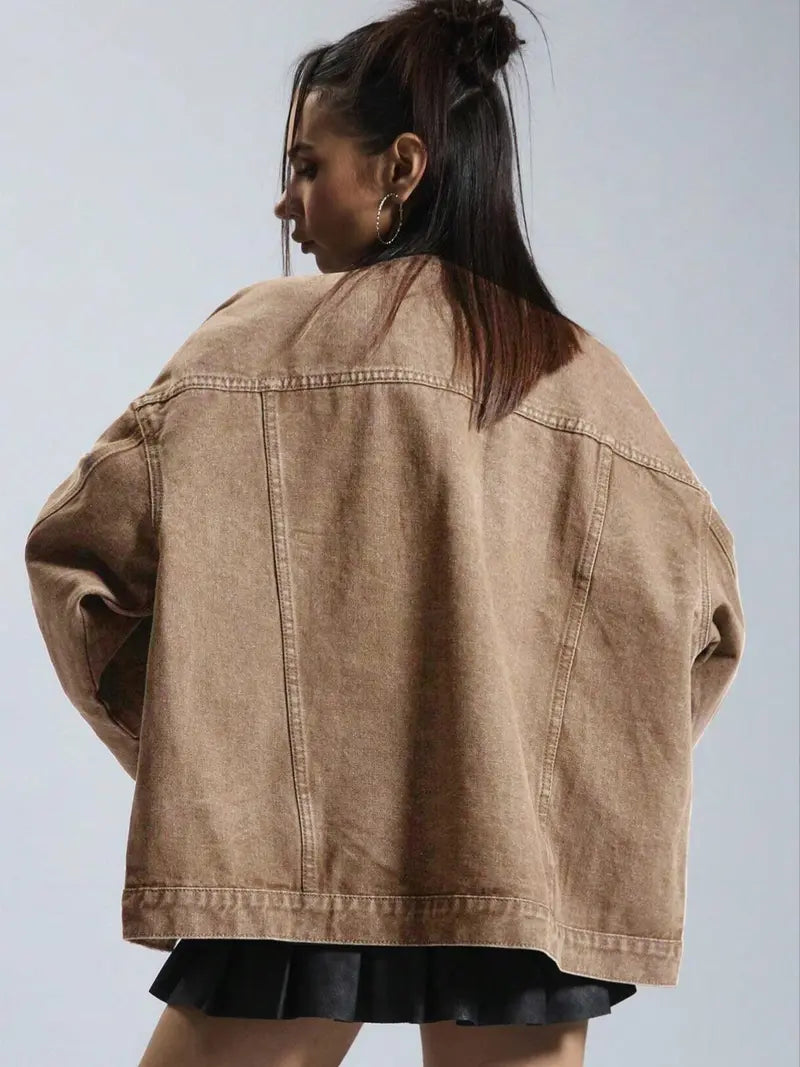 Women's Plain Basic Button-Front Drop-Shoulder Fitted Denim Jacket Coats, Casual Long-Sleeve Collared Pocket Outerwear for Daily Wear, Aesthetic Womenswear