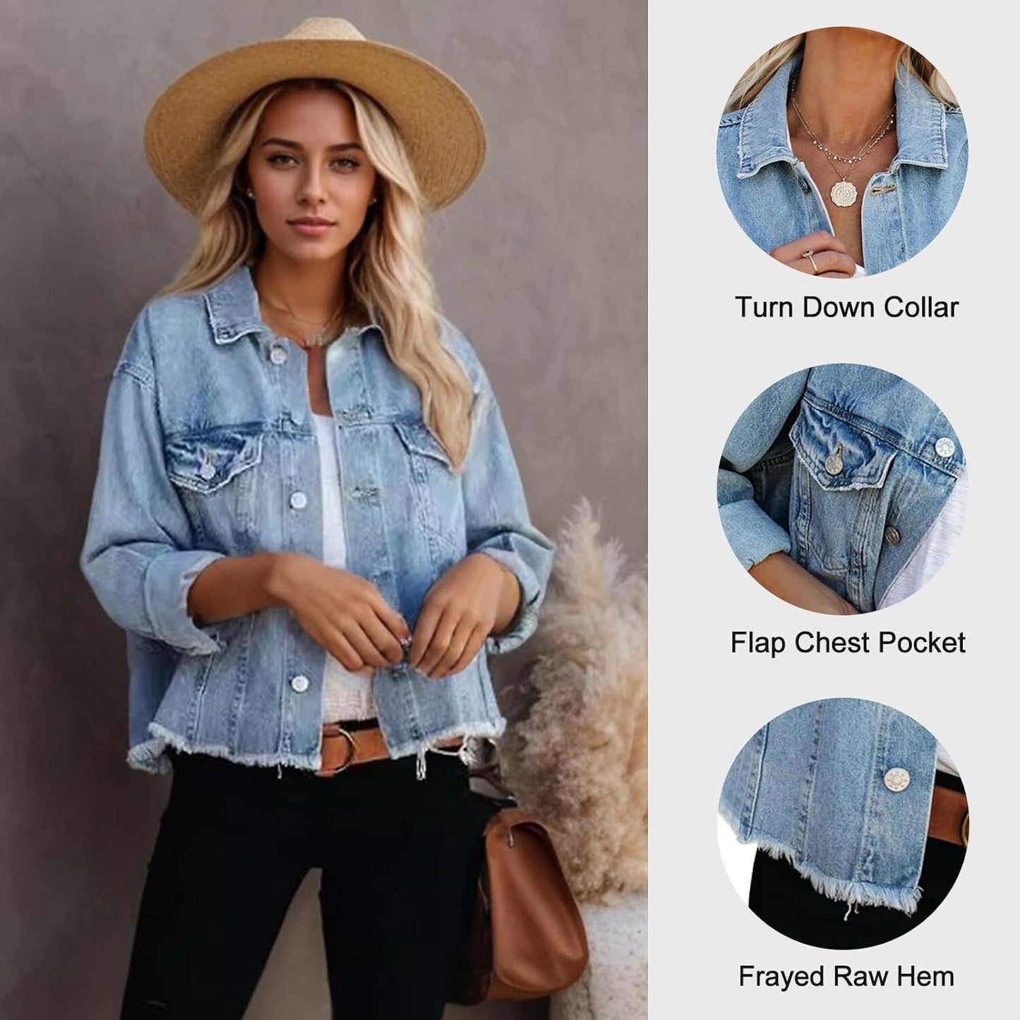 🔥Last day promotion⏰—Womens Washed Crop Denim Jacket With Pockets