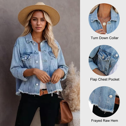 🔥Last day promotion⏰—Womens Washed Crop Denim Jacket With Pockets