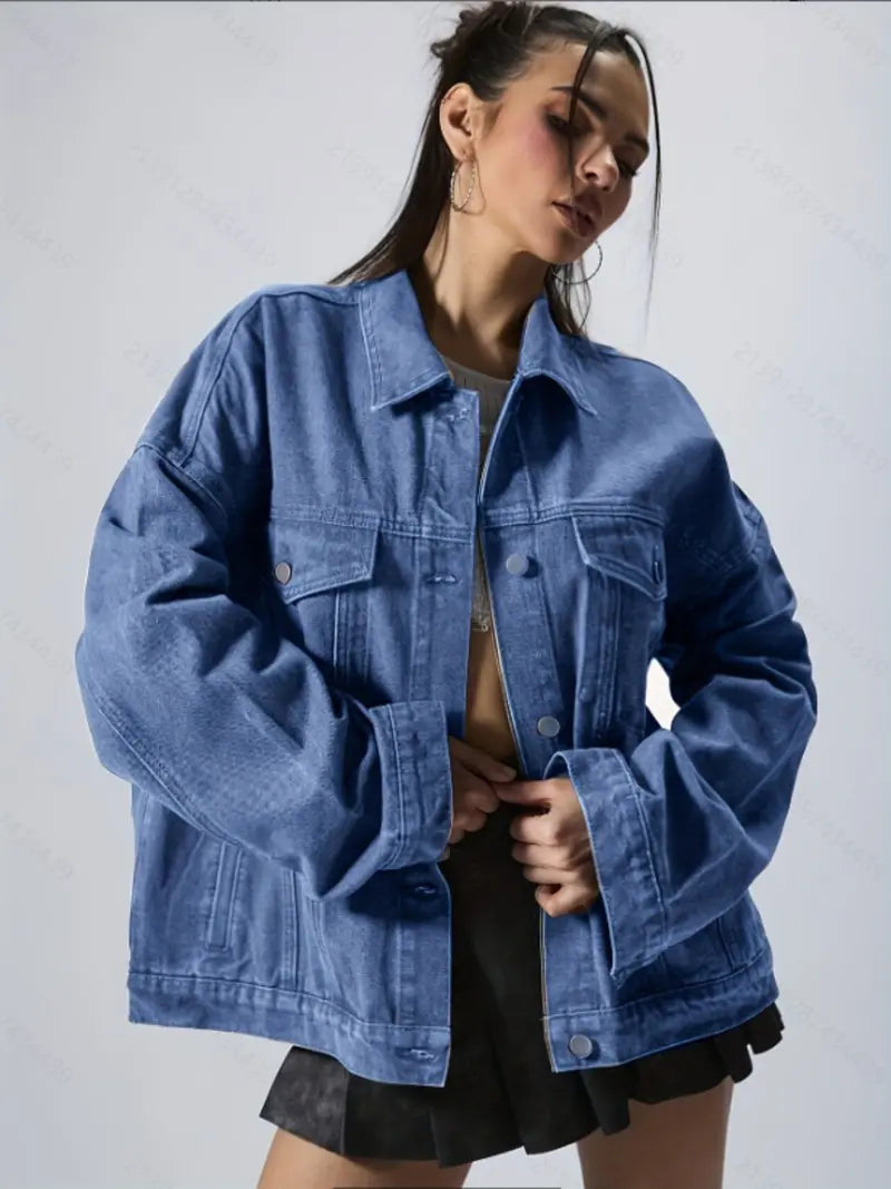 Women's Plain Basic Button-Front Drop-Shoulder Fitted Denim Jacket Coats, Casual Long-Sleeve Collared Pocket Outerwear for Daily Wear, Aesthetic Womenswear