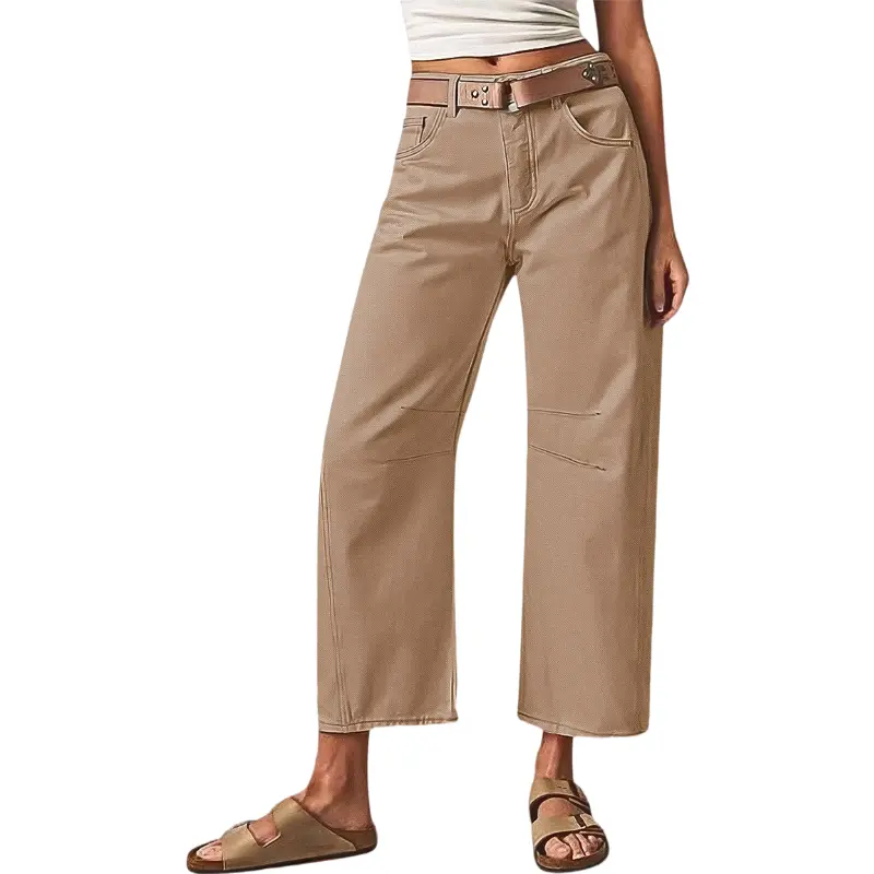 💝Last Day Promotion⚡- Solid Stitch Detail Mid Waist Crop Baby Barrel Pants