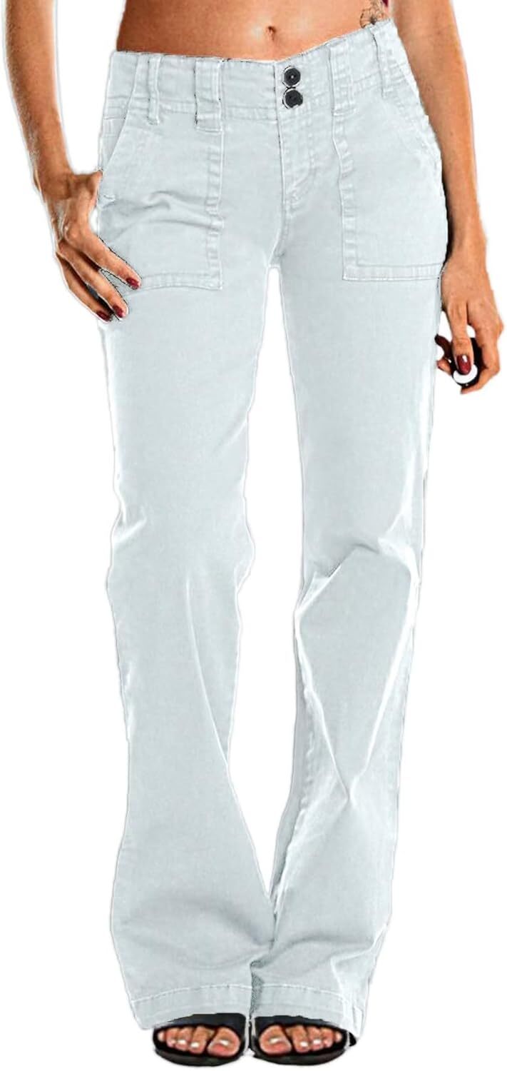 Double Button Mid Waist Straight Leg Pants