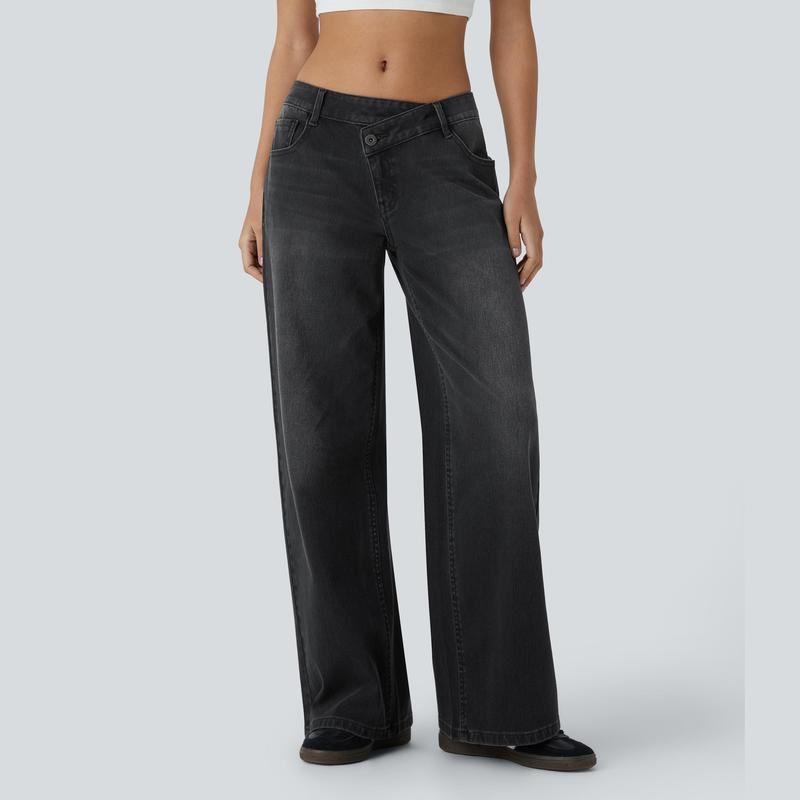 💝 Last Day Deal⏰ Flex Low-Rise Asymmetric Baggy Wide-Leg Washed Jeans with Zipper Pockets