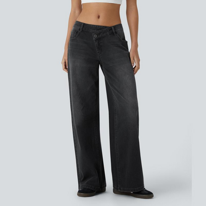 💝 Last Day Deal⏰ Flex Low-Rise Asymmetric Baggy Wide-Leg Washed Jeans with Zipper Pockets