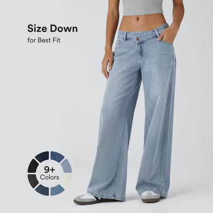 💝 Last Day Deal⏰ Flex Low-Rise Asymmetric Baggy Wide-Leg Washed Jeans with Zipper Pockets