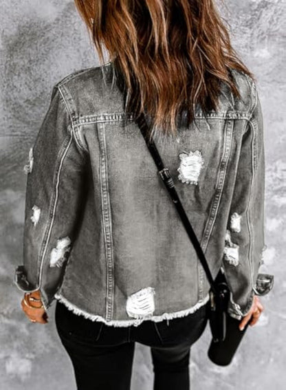 🔥Last day promotion⏰—Womens Washed Crop Denim Jacket With Pockets