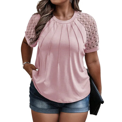 Eytino Plus Size Tops for Women Summer Lace Short Sleeve Crewneck Loose Casual Blouse Tunic T Shirts(1X-5X)