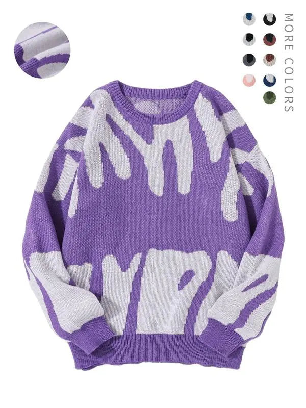 Unisex Men's Round Neck Drop Shoulder Hip Hop Sweater, Regular Fit All Over Print Long Sleeve Knitting Pullover, Drippy Outfits, Going Out Outfit