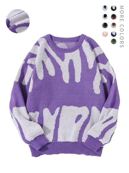 Unisex Men's Round Neck Drop Shoulder Hip Hop Sweater, Regular Fit All Over Print Long Sleeve Knitting Pullover, Drippy Outfits, Going Out Outfit