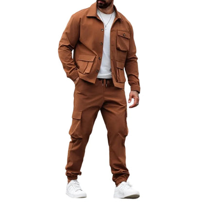 Men's Solid Color Pocket Button Front Shirt & Pants Two-Piece Set