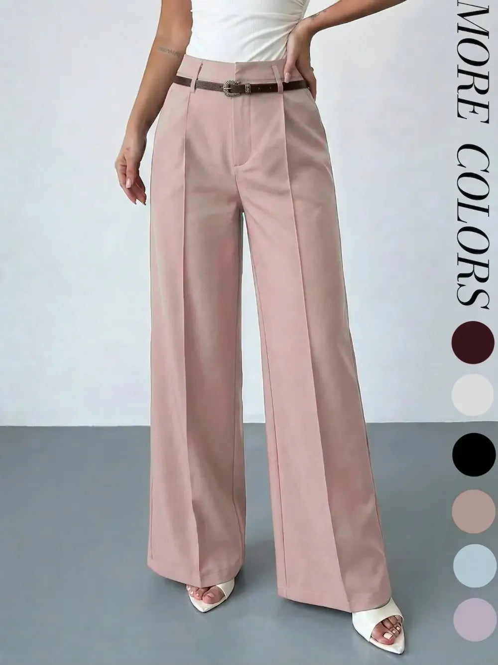 Women's Elastic Waist Solid Color Zipper Button Pocket Wide Leg Trouser Pants