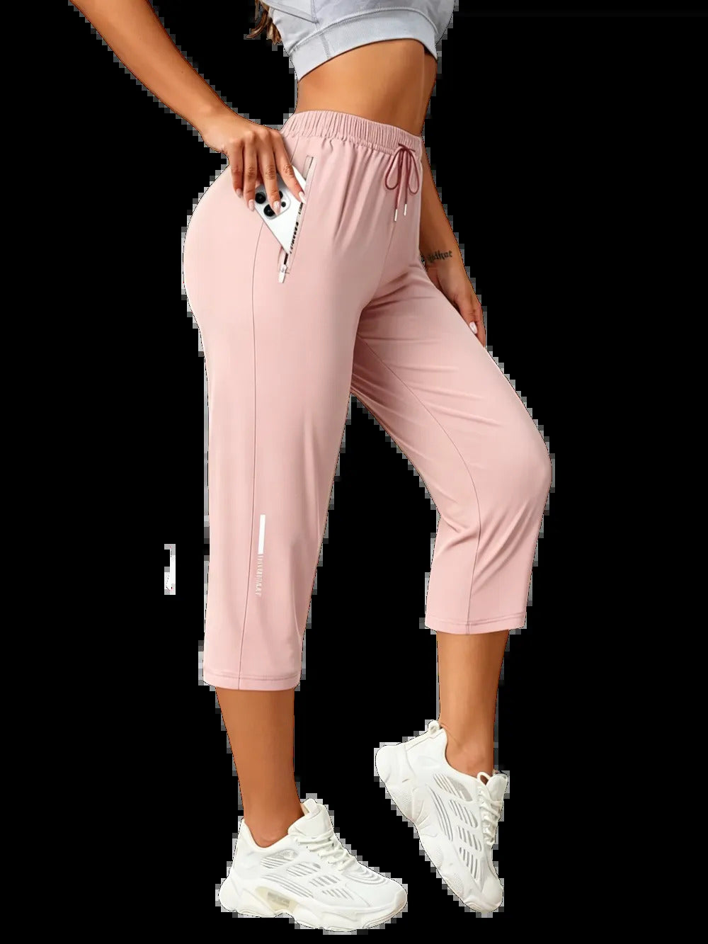 Women's Capris Pants - Loose Fit, Summer Drawstring Waist, Zippered Pockets, Breathable High-Stretch Fabric, Suitable for Everyday Wear