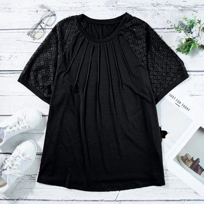 Eytino Plus Size Tops for Women Summer Lace Short Sleeve Crewneck Loose Casual Blouse Tunic T Shirts(1X-5X)
