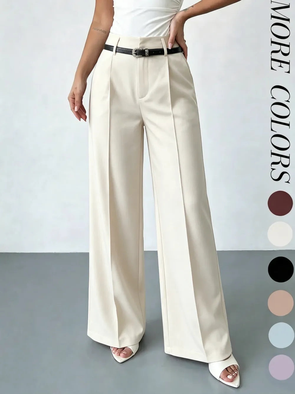 Women's Elastic Waist Solid Color Zipper Button Pocket Wide Leg Trouser Pants