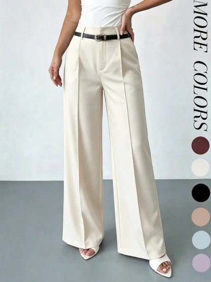 Women's Elastic Waist Solid Color Zipper Button Pocket Wide Leg Trouser Pants