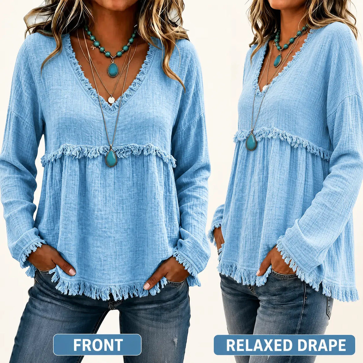 Women’s Boho V Neck Long Sleeve Fringe Top Plus Size