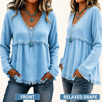 Women’s Boho V Neck Long Sleeve Fringe Top Plus Size