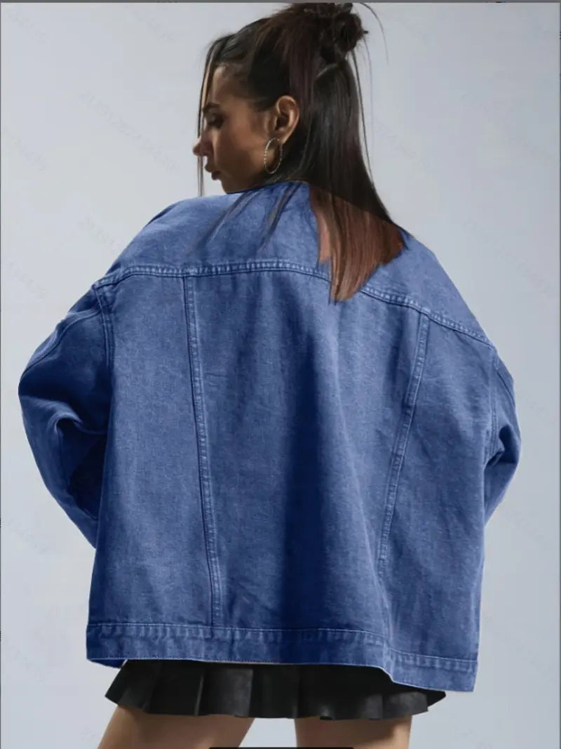 Women's Plain Basic Button-Front Drop-Shoulder Fitted Denim Jacket Coats, Casual Long-Sleeve Collared Pocket Outerwear for Daily Wear, Aesthetic Womenswear