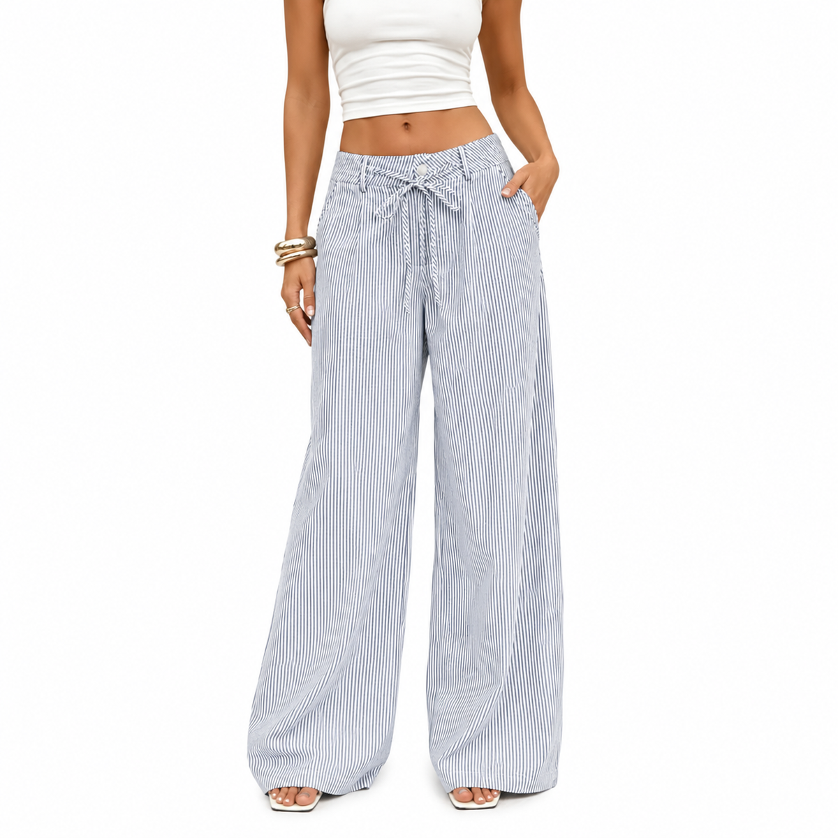 ⚡FINAL SALE⚡- Women's  Striped With Pockets Black Baggy Low Rise Wide Leg Pants
