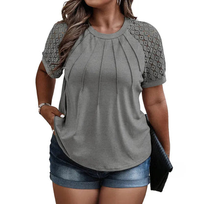Eytino Plus Size Tops for Women Summer Lace Short Sleeve Crewneck Loose Casual Blouse Tunic T Shirts(1X-5X)