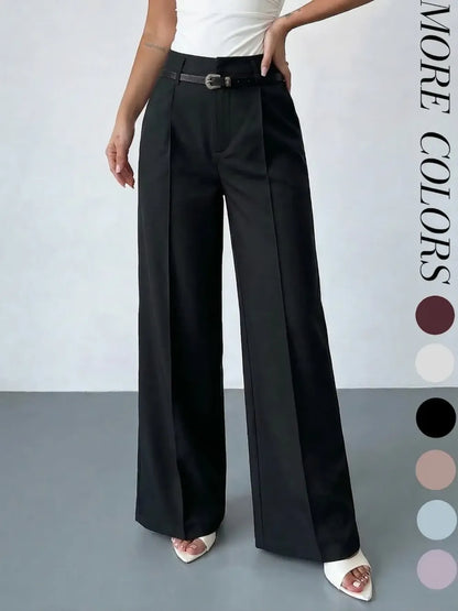 Women's Elastic Waist Solid Color Zipper Button Pocket Wide Leg Trouser Pants
