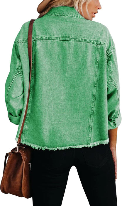 🔥Last day promotion⏰—Womens Washed Crop Denim Jacket With Pockets