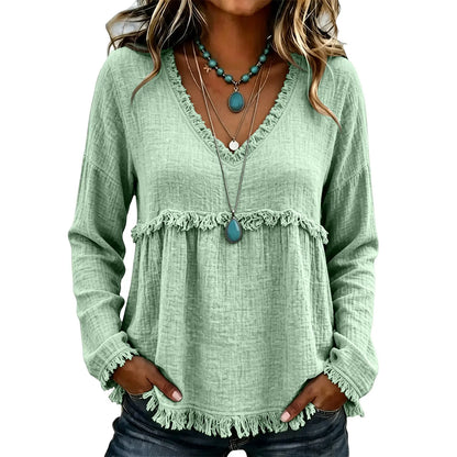 Women’s Boho V Neck Long Sleeve Fringe Top Plus Size
