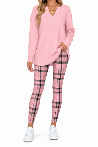 Women's 2-Piece Lounge Set – Long Sleeve Top & Plaid Leggings