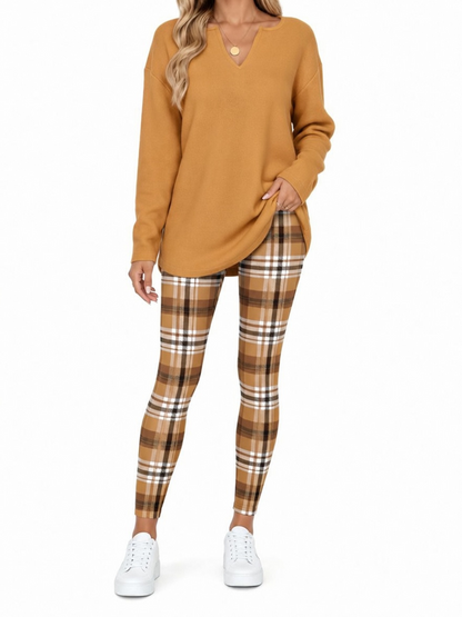 Women's 2-Piece Lounge Set – Long Sleeve Top & Plaid Leggings