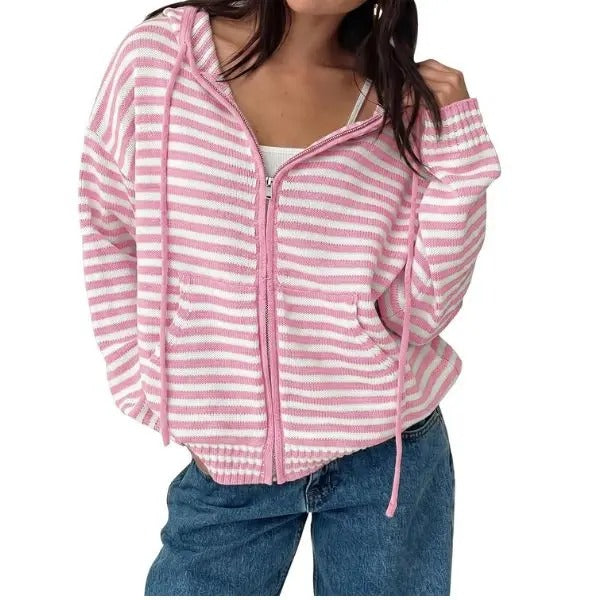 🔥Womens Striped Zip Up Hoodie Long Sleeve Cardigan Sweatshirts Oversized Crop Sweaters Jackets Y2K Fall Outfits🔥