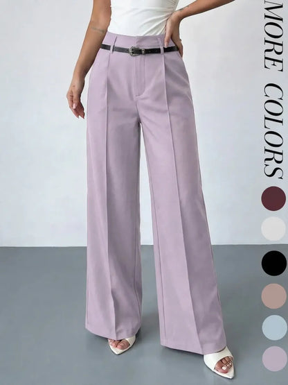 Women's Elastic Waist Solid Color Zipper Button Pocket Wide Leg Trouser Pants