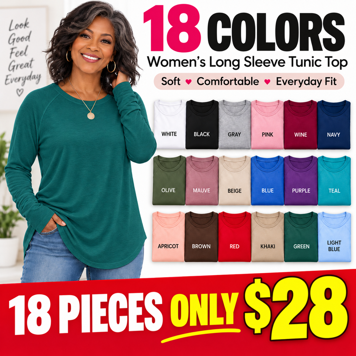 Women’s Long Sleeve Tunic Tops Bundle – 12 or 18 Colors Included
