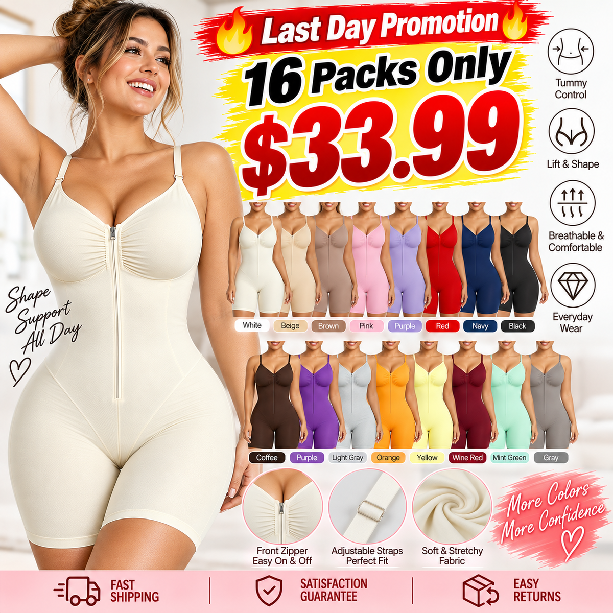 Shapewear for Women Tummy Control Bodysuits Zip-Up Comfort Ultra Stretch Fabric Customizable Fit Breathable Mesh Design Comfortable Fit